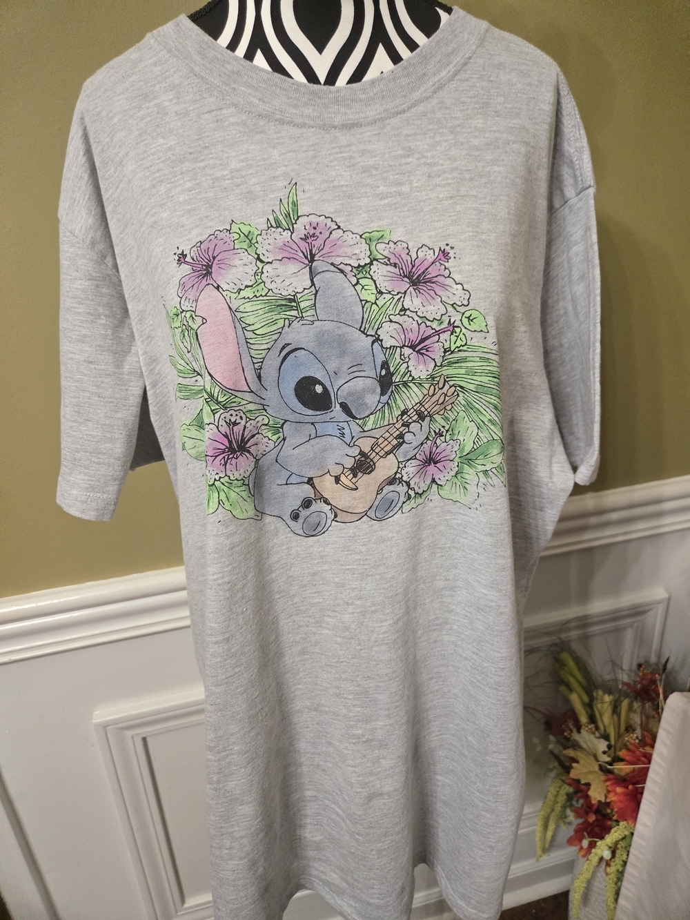 Disney Stitch Short Sleeve Grey Tee with Stitch Playing Guitar and Pink Flowers